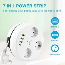 Vea 7in1 , Akım Korumalı Grup Priz, 3'lü, Anahtarlı, 3 Usb, 1 Type-C, 1.5 Metre Kablolu, Kablosu Toplanabilir Makaralı, 850 Derece Isıya Dayanıklı