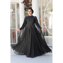 Pelerin Detaylı Siyah Tesettür Abiye Elbise 51171S