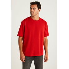 Guaraz Erkek Kırmızı Oversize Bisiklet Yaka %100 Pamuk Düz Basic Yazlık T-Shirt