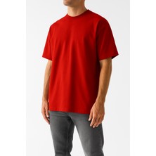 Guaraz Erkek Kırmızı Oversize Bisiklet Yaka %100 Pamuk Düz Basic Yazlık T-Shirt