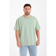 Guaraz Erkek Yeşil Oversize Bisiklet Yaka %100 Pamuk Düz Basic Yazlık T-Shirt