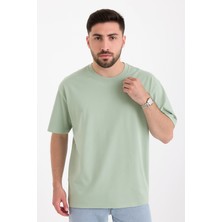 Guaraz Erkek Yeşil Oversize Bisiklet Yaka %100 Pamuk Düz Basic Yazlık T-Shirt