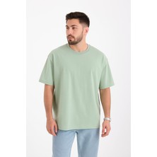 Guaraz Erkek Yeşil Oversize Bisiklet Yaka %100 Pamuk Düz Basic Yazlık T-Shirt
