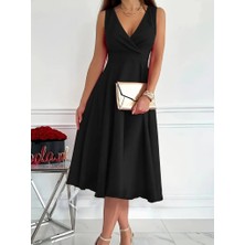 Gökyüzü Moda Kadın Ithal Krep Kumaş Kruvaze Yaka Eteği Kloş Kolsuz Mini Elbise