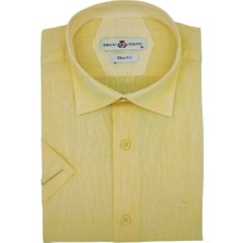Sarı Keten Slim Fit Kısa Kollu Erkek Gömlek