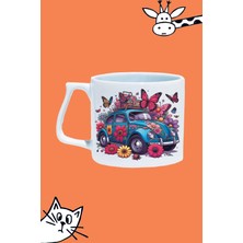 Blue Woswos Mavi Woswos Araba Çiçek Kelebek Tasarım Baskılı Beyaz Lüks Sap Kupa Bardak