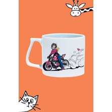 Pembe Motorlu Kız Kask Motor Tasarım Baskılı Beyaz Lüks Sap Kupa Bardak