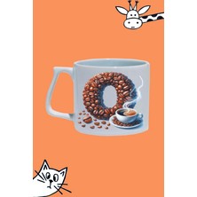 O Harf Kahve Desen Tasarım Baskılı Beyaz Lüks Sap Kupa Bardak