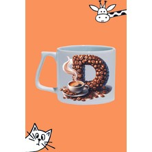 D Harf Kahve Desen Tasarım Baskılı Beyaz Lüks Sap Kupa Bardak