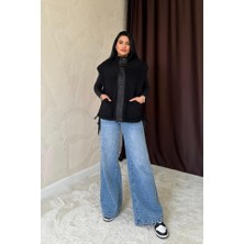 Gökyüzü Moda Siyah Cepli Kısa Yelek