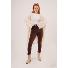 Gökyüzü Moda Delikli Geçişli Püskül Detay Uzun Triko Krem Hırka