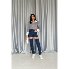 Gökyüzü Moda Mavi Askılı Iki Parça Jeans Pantolon