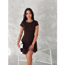 Gökyüzü Moda Kısa Kollu Mini Elbise - Kahverengi