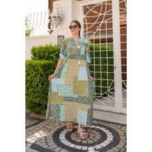 Gökyüzü Moda Yeşil Salaş Desenli Elbise