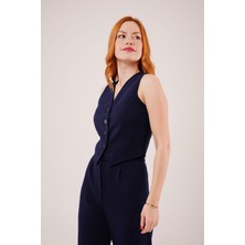 Gökyüzü Moda Önü Düğmeli Lacivert Yelek