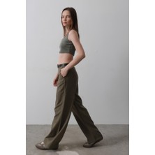 Gökyüzü Moda Kemerli Palazzo Pantolon - Haki-Beyaz
