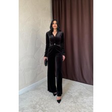 Gökyüzü Moda Siyah Önü Tokalı Kadife Tulum