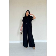 Gökyüzü Moda Siyah Önü Pileli Ikili Keten Takım