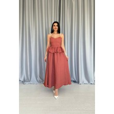 Gökyüzü Moda Moccah Beli Büzgülü Inci Askılı Uzun Elbise