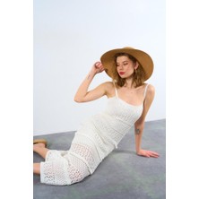 Gökyüzü Moda Ajurlu Astarlı Elbise - Ekru