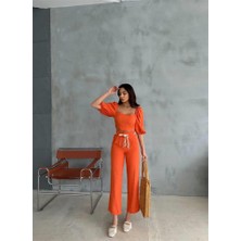 Gökyüzü Moda Keten Crop Karpuz Kol Bluz-Pantolon Hasır Kemerli - Orange