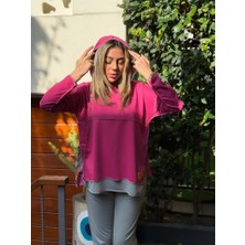 Gökyüzü Moda Kadın Pembe Kapşonlu Etek Ucu Detay Arma Ters Dikiş Gorunumlu Ikili Takım