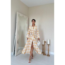 Gökyüzü Moda Bej Desenli ve Önü Düğmeli Keten Elbise