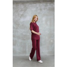 Gökyüzü Moda Osy Modal Yumuşak Dokulu Kumaş Bisiklet Yaka Taş Detaylı Kısa Kollu Takım - Bordo