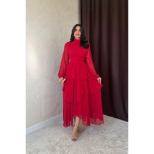 Gökyüzü Moda Kırmızı Bel Detaylı Elbise