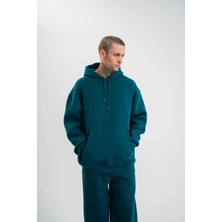 Unisex Double Oversize Kapşonlu Basic Sweatshirt - Koyu Deniz Yeşili