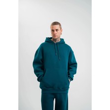 Unisex Double Oversize Kapşonlu Basic Sweatshirt - Koyu Deniz Yeşili