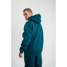 Unisex Double Oversize Kapşonlu Basic Sweatshirt - Koyu Deniz Yeşili