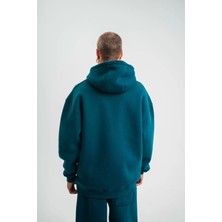 Unisex Double Oversize Kapşonlu Basic Sweatshirt - Koyu Deniz Yeşili