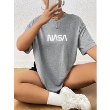 Meywear Nasa Baskılı %100 Pamuk Oversize Kısa Kollu Bisiklet Yaka Gri Tişört