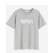 Meywear Nasa Baskılı %100 Pamuk Oversize Kısa Kollu Bisiklet Yaka Gri Tişört