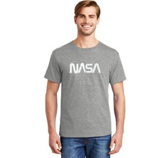 Meywear Nasa Baskılı %100 Pamuk Oversize Kısa Kollu Bisiklet Yaka Gri Tişört