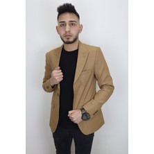Twenhil Fistan Store Erkek Camel Italyan Kesim Dar Kalıp Tek Düğme Yazlık Blazer Ceket
