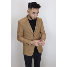 Twenhil Fistan Store Erkek Camel Italyan Kesim Dar Kalıp Tek Düğme Yazlık Blazer Ceket