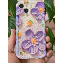 Fibaks Apple iPhone 13 Kılıf Parlak Mor Çiçek Desenli Dalga Kenarlı Darbe Emici Kapak