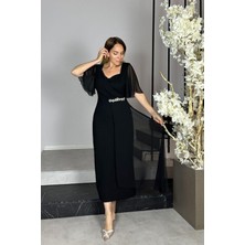 G1426 Şifon ve Taş Detaylı Abiye Elbise Siyah