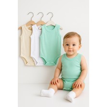 3’lü Bej-Beyaz-Yeşil Bebek Zıbın Seti | Pamuklu Kolsuz Yazlık Çıtçıtlı Body | Unisex Bebek Badi
