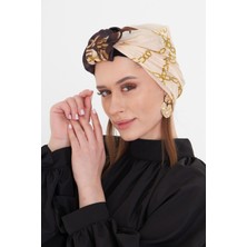 Bej Pratik Hazır Geçmeli Tesettür Bone Kesik Elyaf Retro Desenli 2409_12