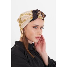Bej Pratik Hazır Geçmeli Tesettür Bone Kesik Elyaf Retro Desenli 2409_12
