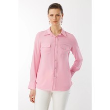 Ekol Kadın Çift Kapak Cepli Düğmeli Bluz 3026 Pembe