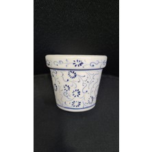 El Yapım Hand Made Saksı Vazo Ufak 6X7CM Lacivert Beyaz Çiçek Desen 1 Adet
