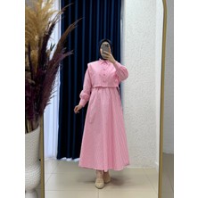 Ebrar Store Soruna Beli Lastikli Yelekli Çizgili ELBISE-KN7077 Pembe