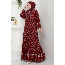 İlkimay.com Yarasa Kol Yarım Düğmeli Dokuma Viskon Elbise 1483 - Bordo