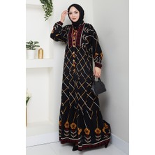 İlkimay.com Yarasa Kol Yarım Düğmeli Dokuma Viskon Elbise 1483 - Siyah