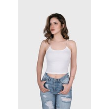 Kadın Şeffaf Askılı Beyaz Kaşkorse Yazlık Şık Body Crop
