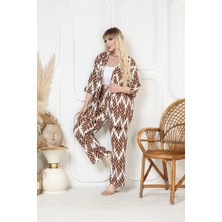 Desenli Kimono Hırkalı 2li Alt Üst Takım Bürümcük Kumaş Yazlık 2xl-6xl Oversize
